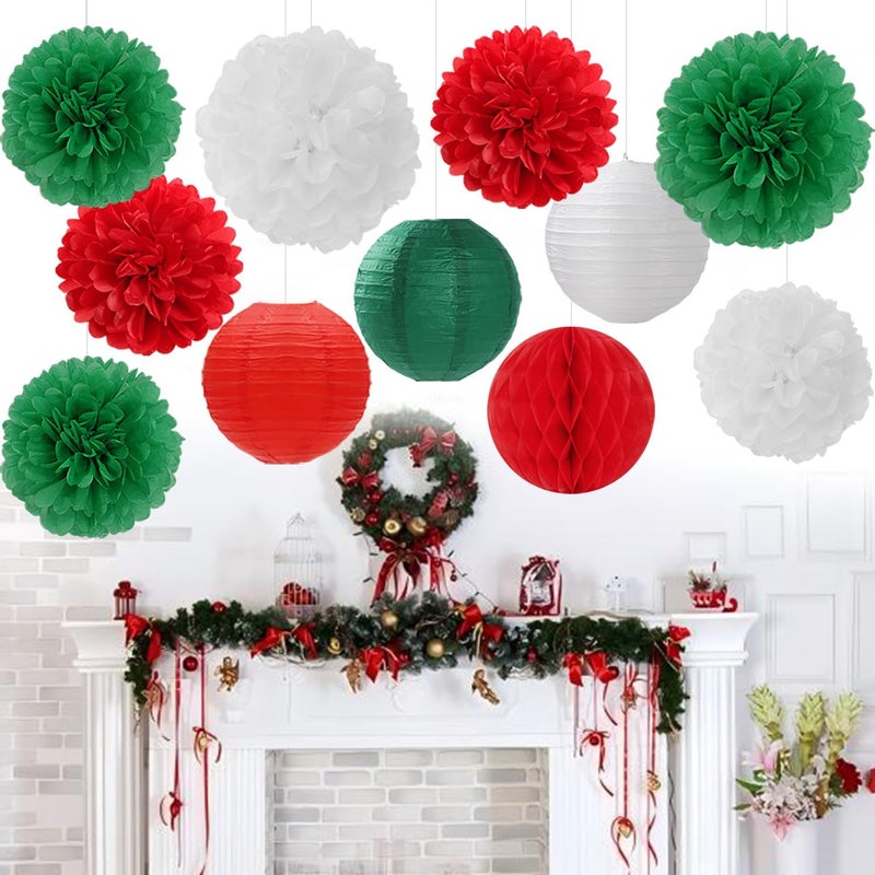 Mprocherify Red Green White Paper Flowers Tissue Pom Poms Honeycomb Lanterns 15pcs Christmas Party Decorations Mexican Italian Birthday Wedding Baby Shower Bachelorette Hanging Supplies - Image 5